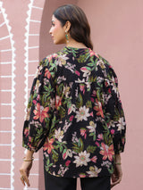 Black Floral Print Mandarin Collar Cotton Top