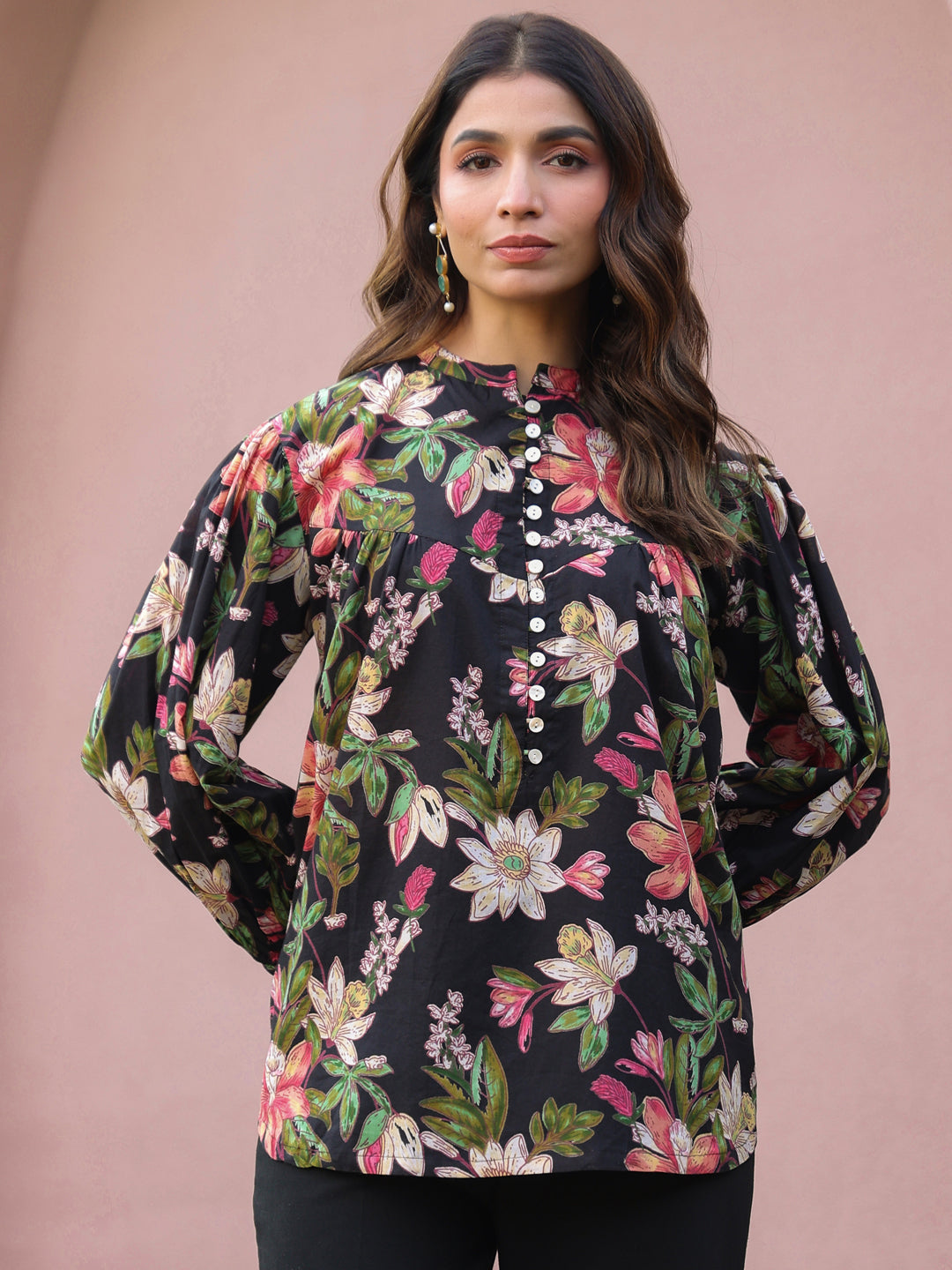 Black Floral Print Mandarin Collar Cotton Top