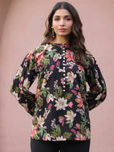 Black Floral Print Mandarin Collar Cotton Top