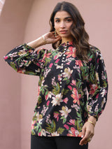 Black Floral Print Mandarin Collar Cotton Top