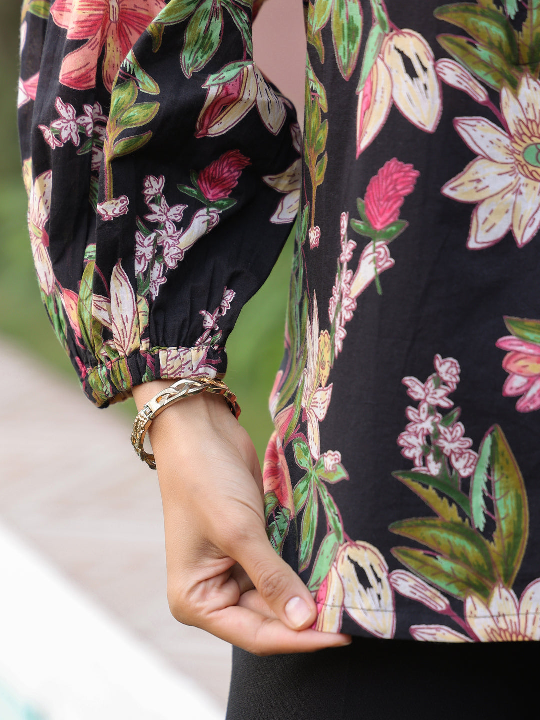 Black Floral Print Mandarin Collar Cotton Top