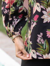 Black Floral Print Mandarin Collar Cotton Top