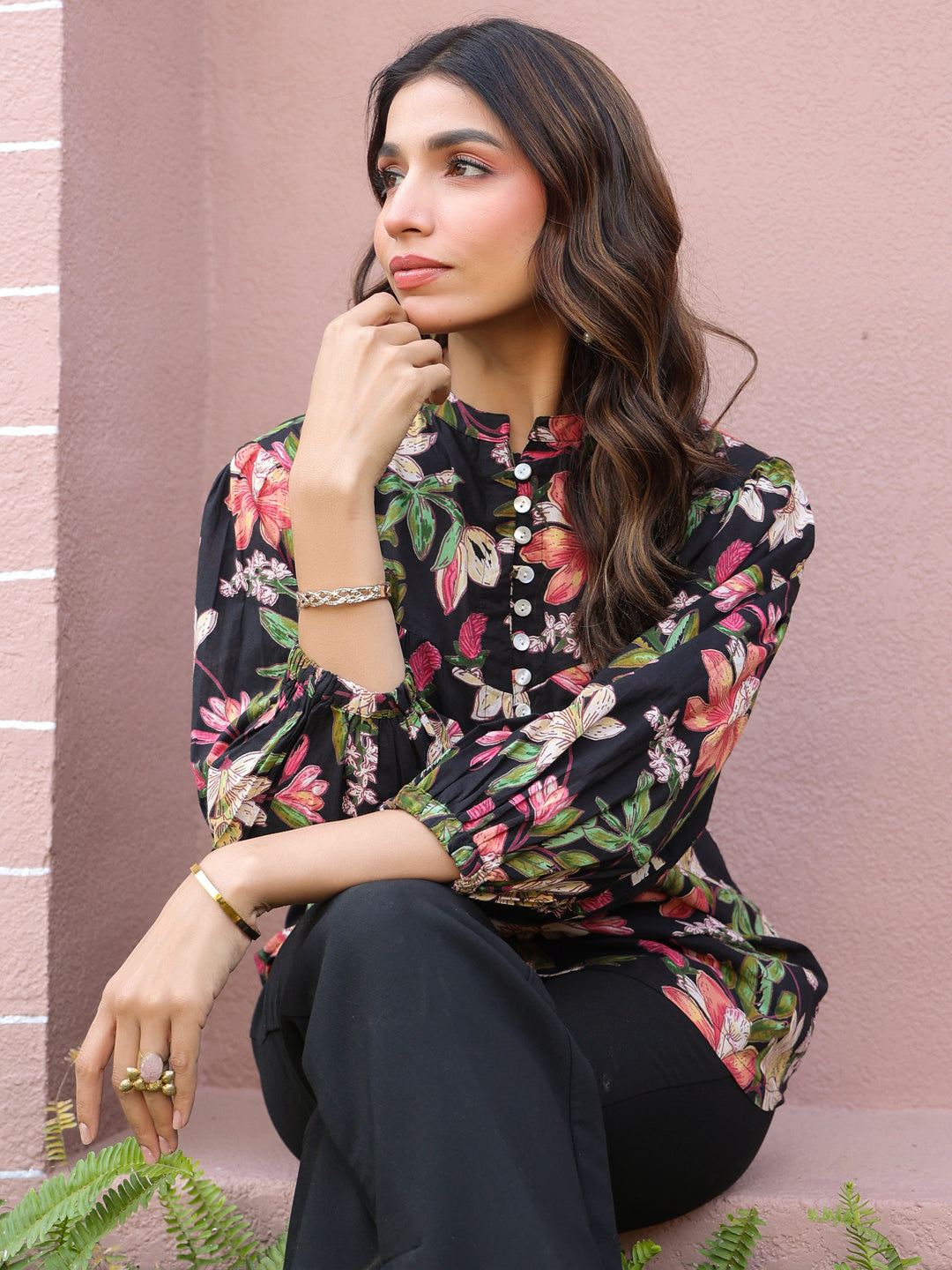 Black Floral Print Mandarin Collar Cotton Top