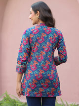Blue Floral Print Mandarin Collar Pintucks Top