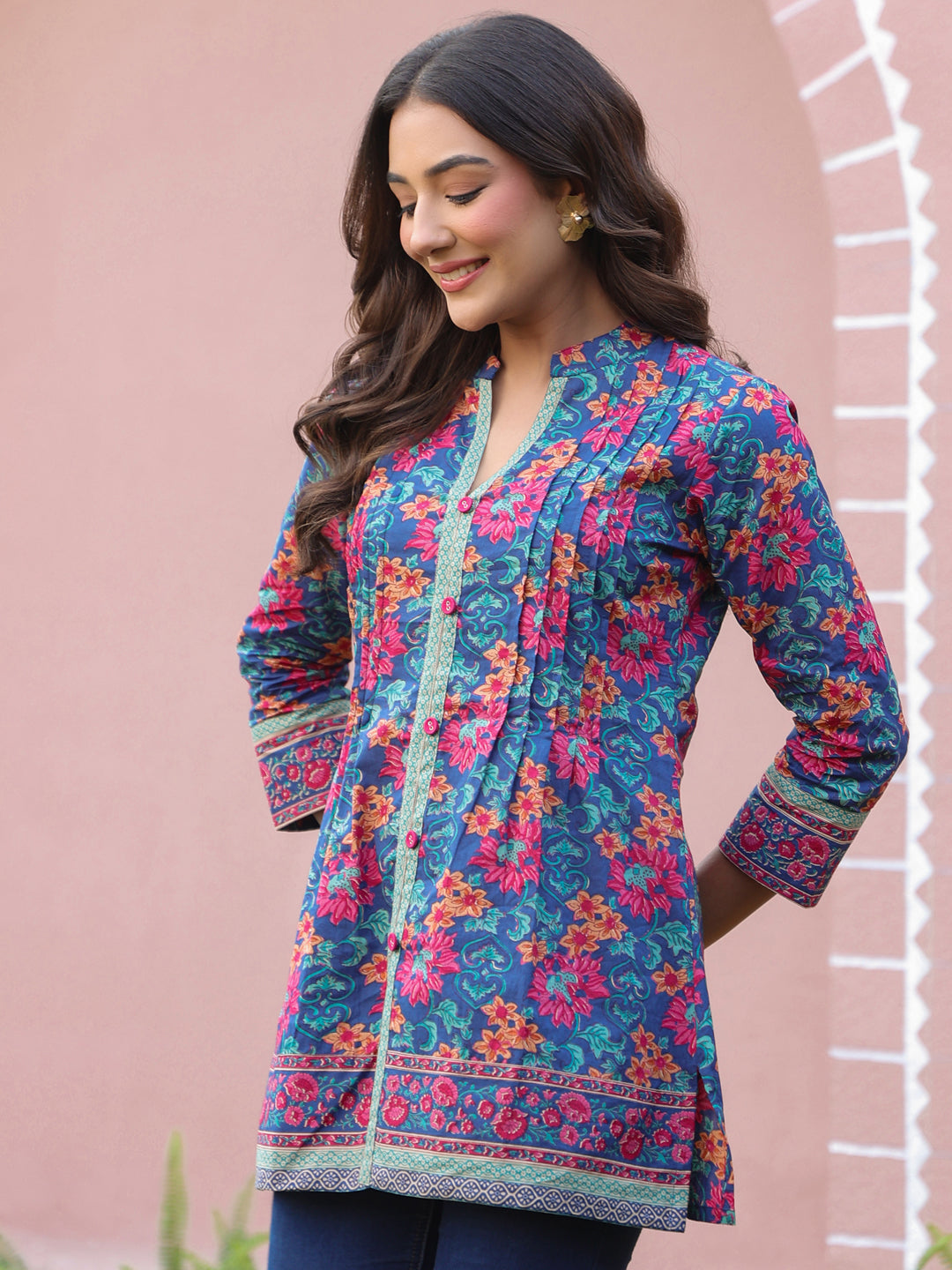 Blue Floral Print Mandarin Collar Pintucks Top