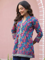 Blue Floral Print Mandarin Collar Pintucks Top