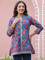 Blue Floral Print Mandarin Collar Pintucks Top