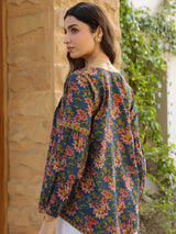 Blue Floral Printed V-Neck Pintuck Cotton Top