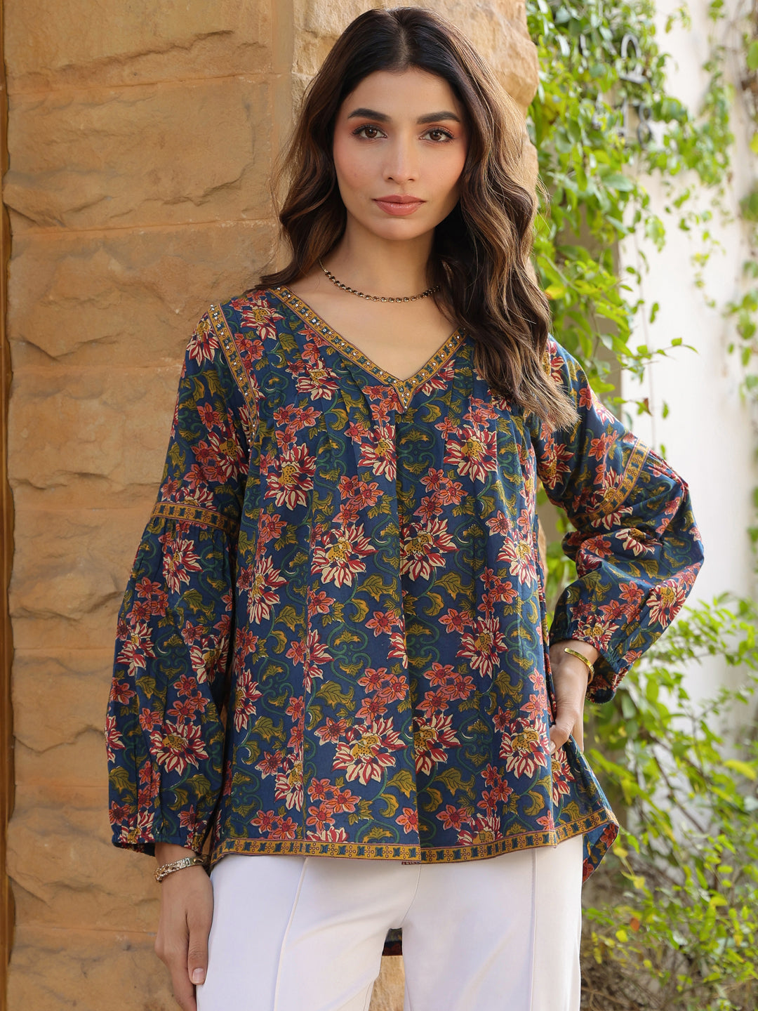 Blue Floral Printed V-Neck Pintuck Cotton Top