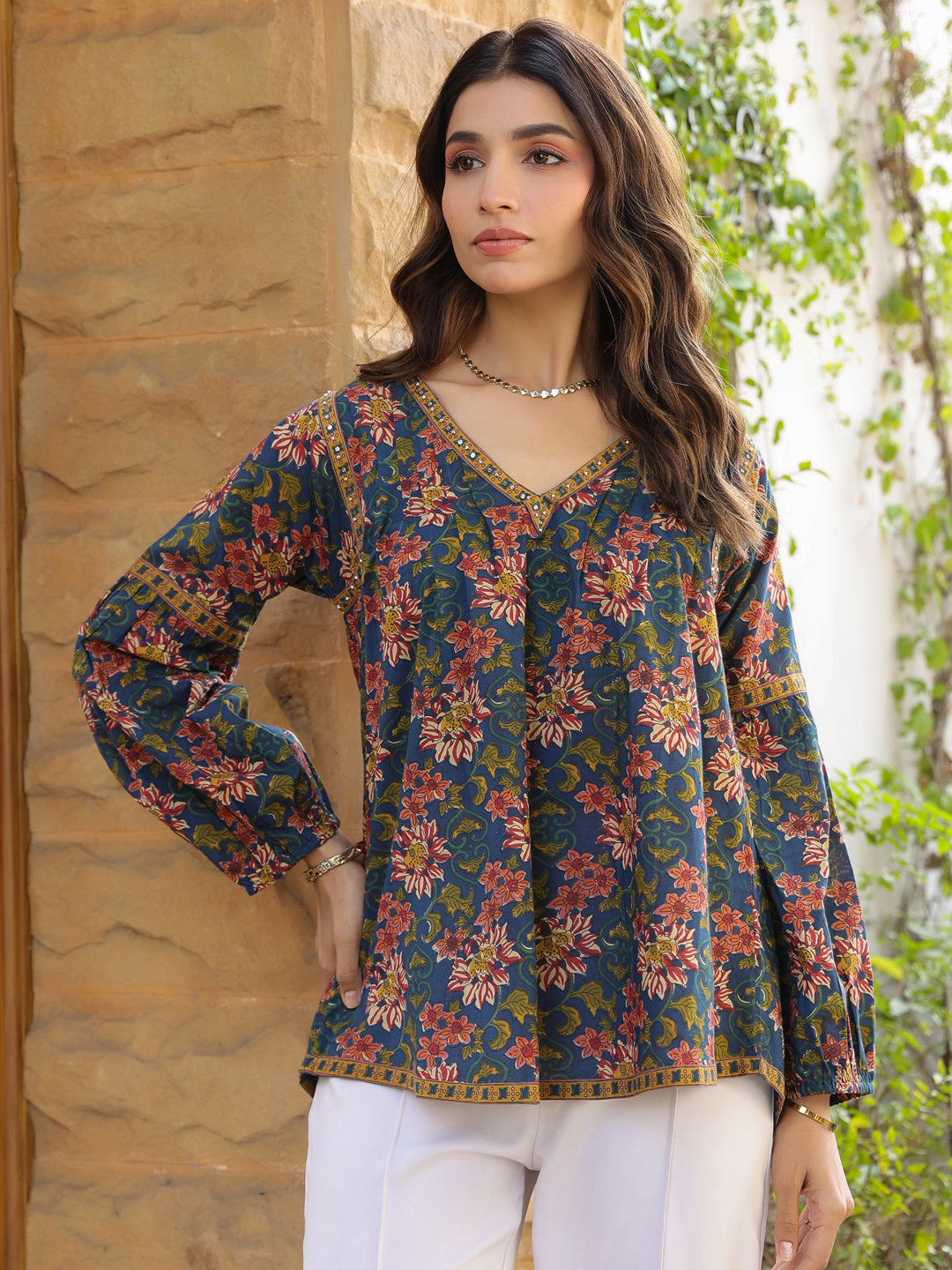 Blue Floral Printed V-Neck Pintuck Cotton Top