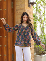 Blue Floral Printed V-Neck Pintuck Cotton Top