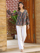 Blue Floral Printed V-Neck Pintuck Cotton Top