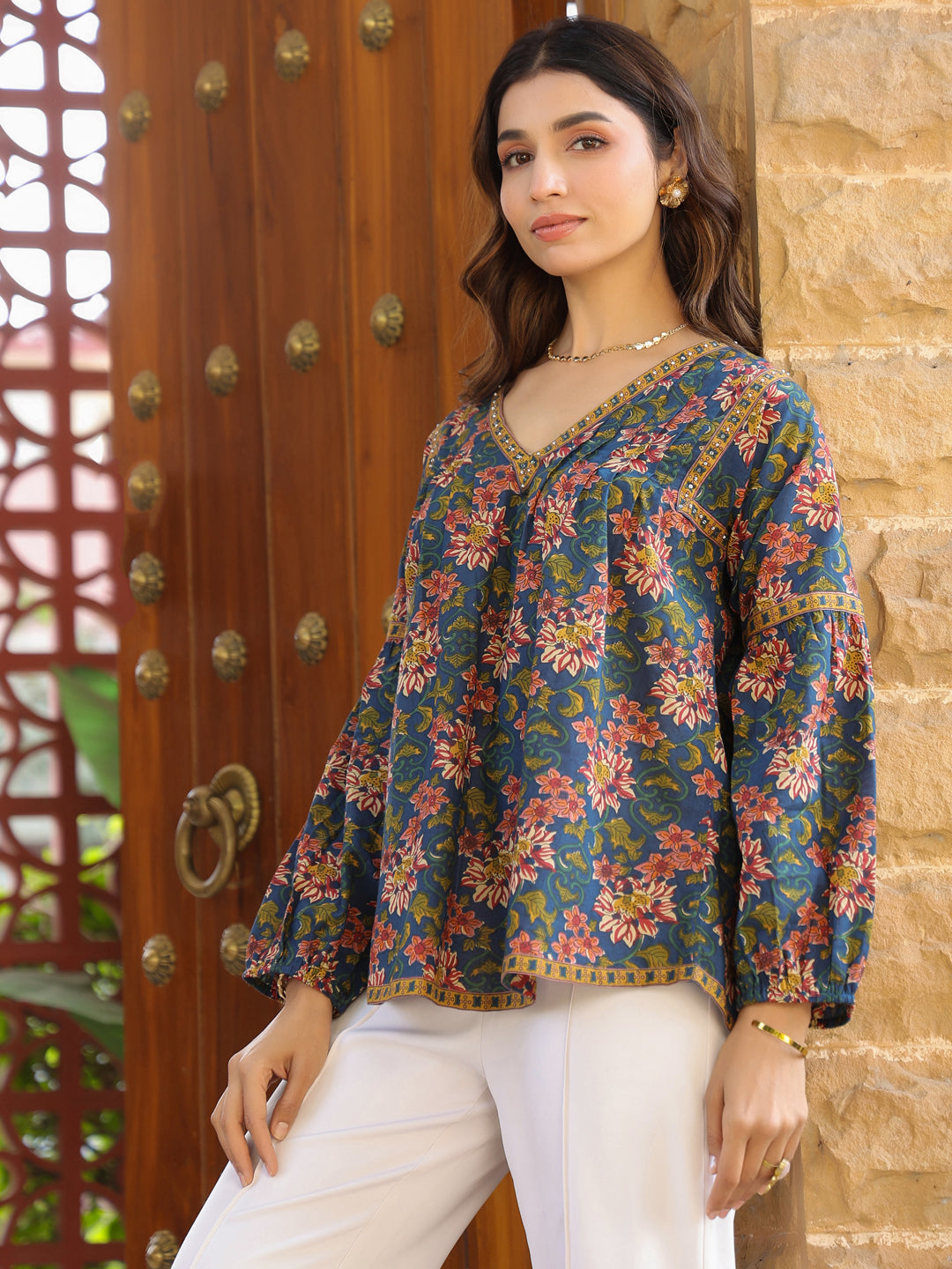 Blue Floral Printed V-Neck Pintuck Cotton Top