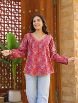 Pink Floral Printed V-Neck Pintuck Cotton Top