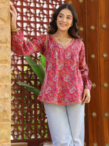 Pink Floral Printed V-Neck Pintuck Cotton Top