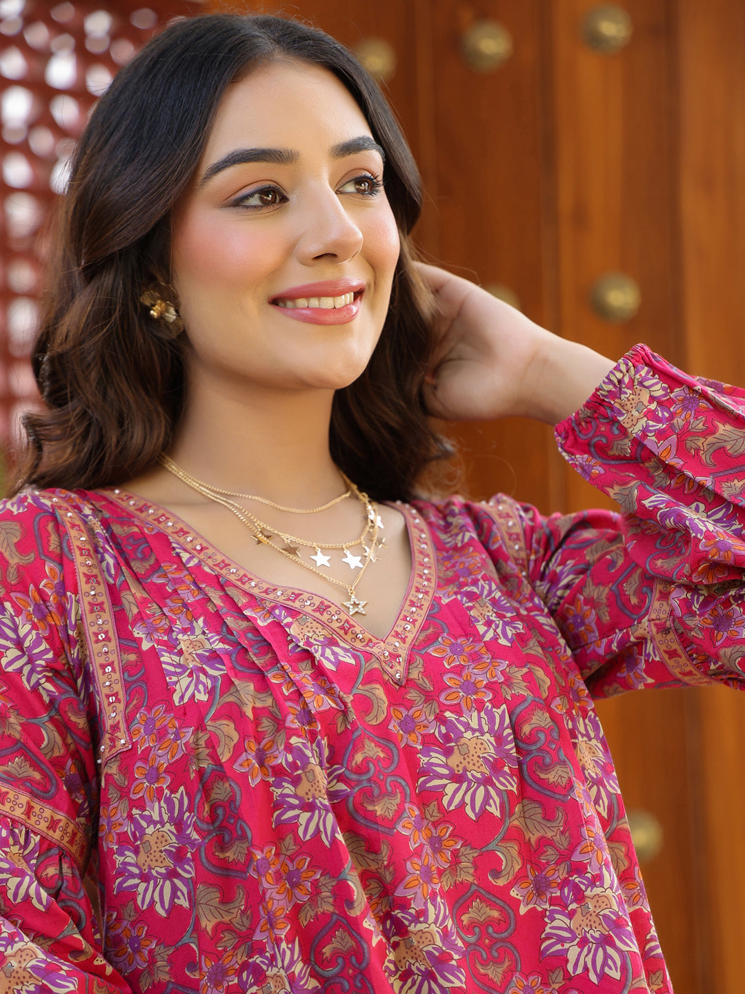 Pink Floral Printed V-Neck Pintuck Cotton Top