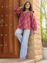 Pink Floral Printed V-Neck Pintuck Cotton Top