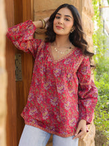 Pink Floral Printed V-Neck Pintuck Cotton Top