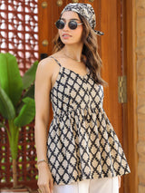 Black Booti Printed Sleeveless Smocked Fit & Flare Top