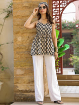 Black Booti Printed Sleeveless Smocked Fit & Flare Top