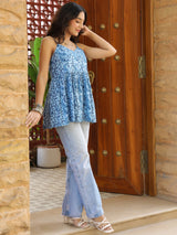 Blue Paisley Printed Sleeveless Smocked Fit & Flare Top