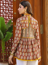 Brown Handblock Printed A-Line Peplum Top with Tie-Up Detail