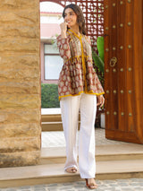 Brown Handblock Printed A-Line Peplum Top with Tie-Up Detail