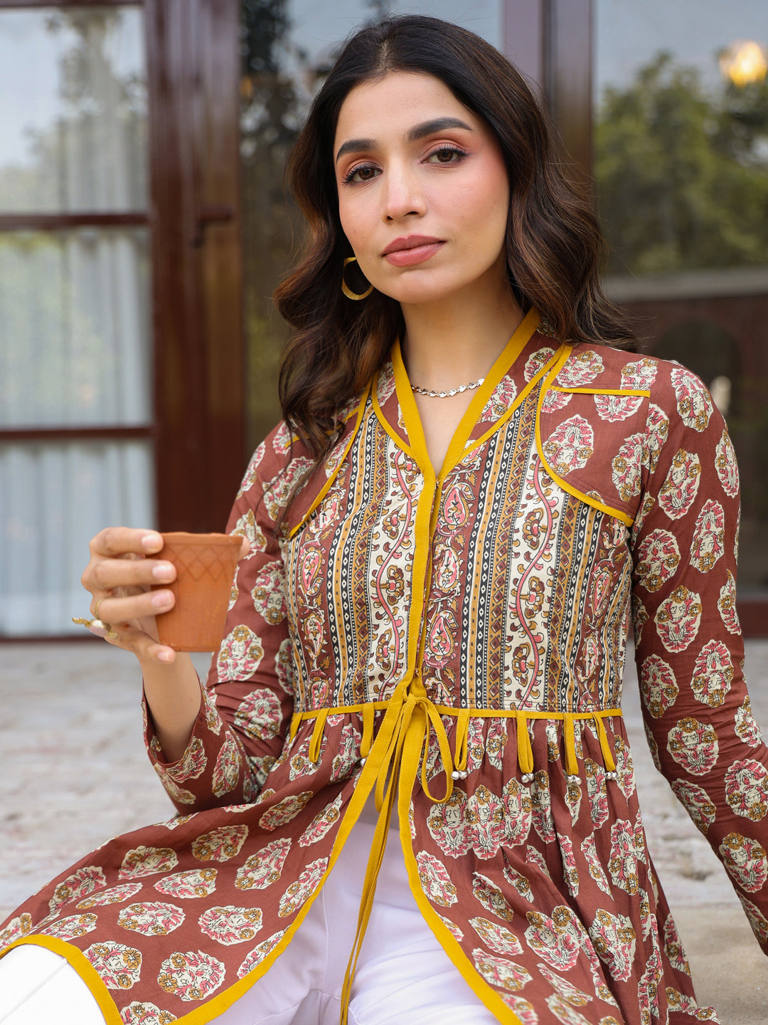 Brown Handblock Printed A-Line Peplum Top with Tie-Up Detail