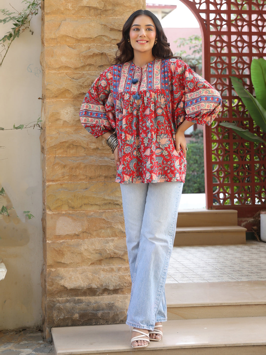 Red Handblock Printed Boho Volume Sleeves Top