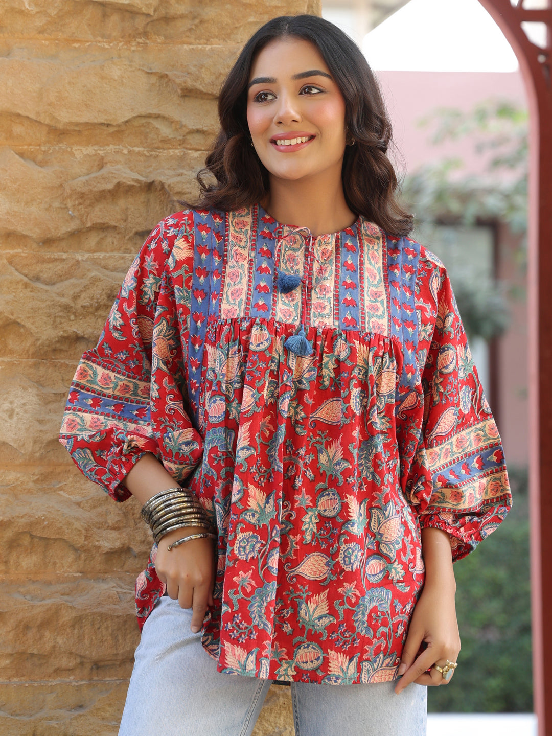 Red Handblock Printed Boho Volume Sleeves Top