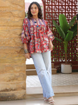 Red Handblock Printed Boho Volume Sleeves Top