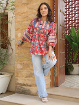 Red Handblock Printed Boho Volume Sleeves Top