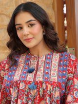 Red Handblock Printed Boho Volume Sleeves Top