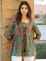 Green Ethnic Floral A-Line Top with Tie-Ups