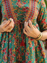 Green Ethnic Floral A-Line Top with Tie-Ups