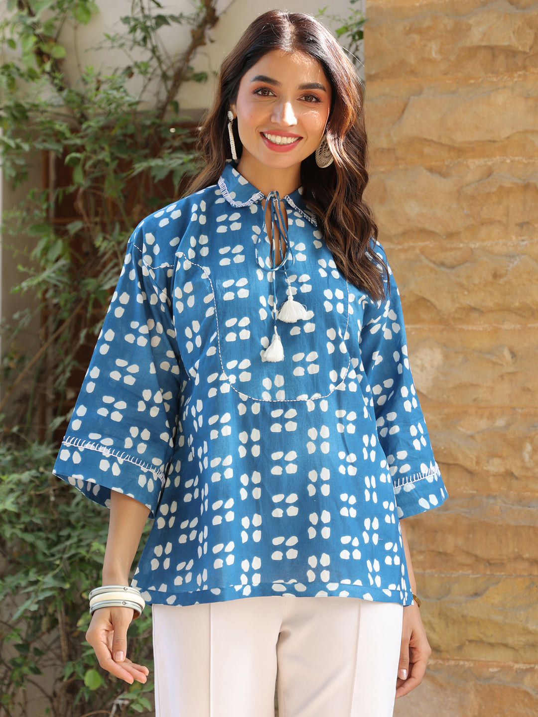 Blue Picnic Ethnic Motif Printed Cotton Top