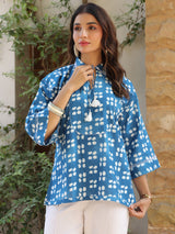 Blue Picnic Ethnic Motif Printed Cotton Top