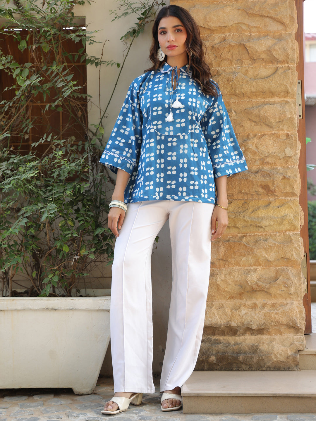 Blue Picnic Ethnic Motif Printed Cotton Top