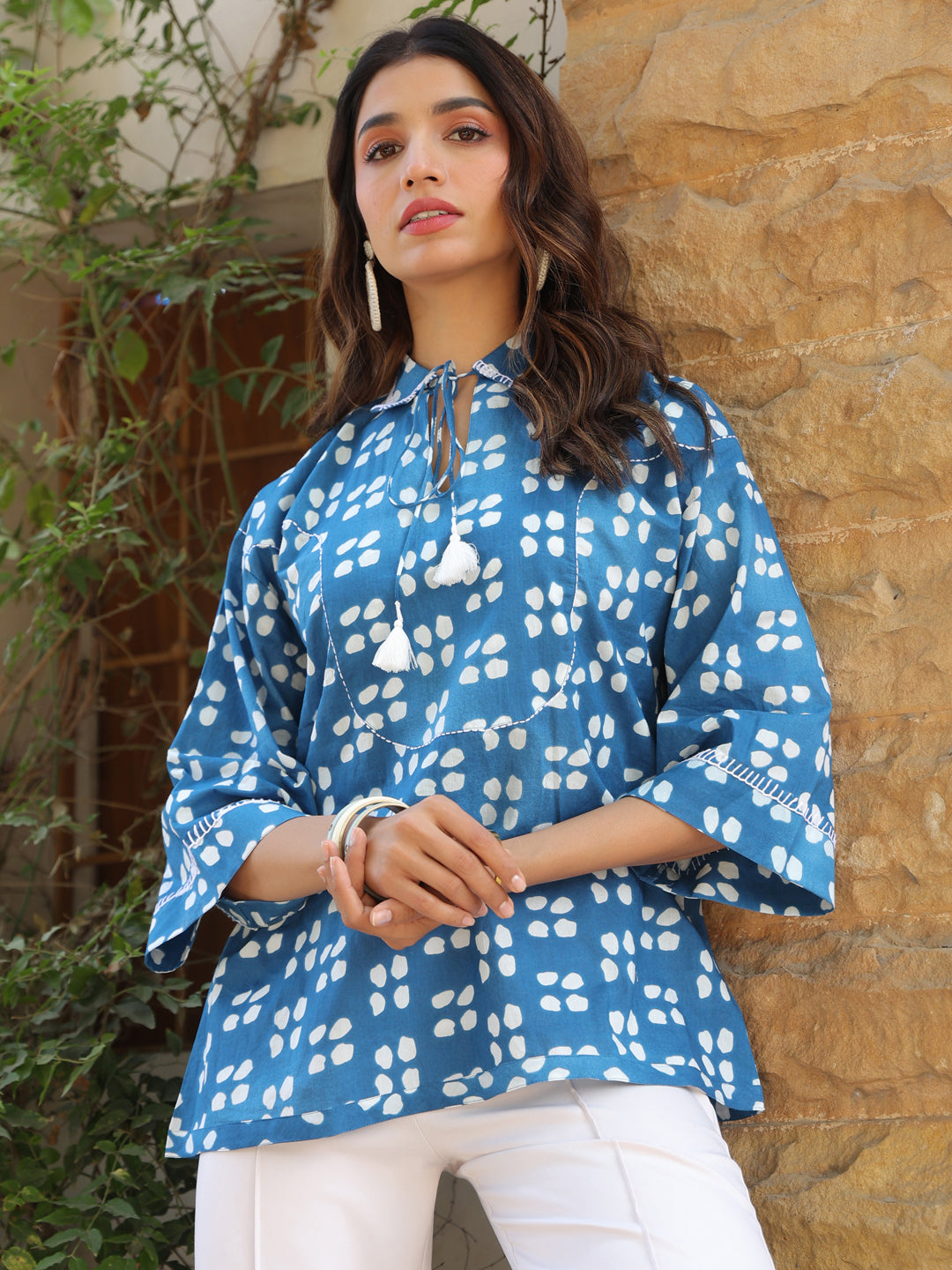 Blue Picnic Ethnic Motif Printed Cotton Top