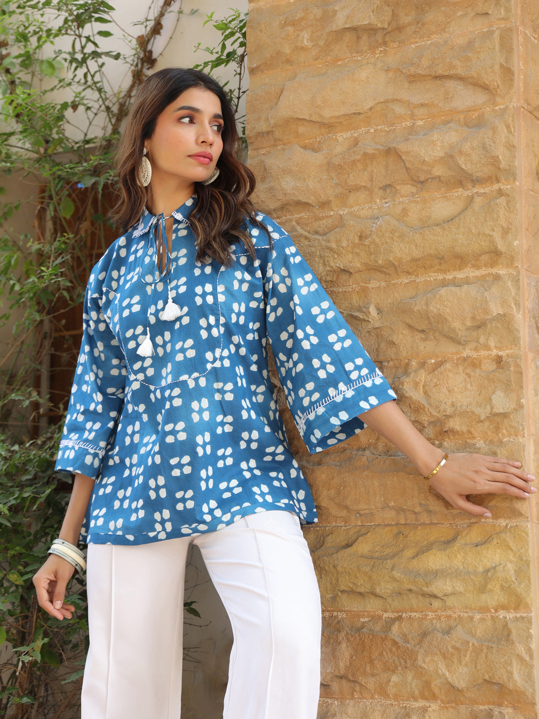 Blue Picnic Ethnic Motif Printed Cotton Top