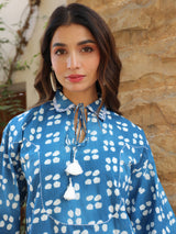 Blue Picnic Ethnic Motif Printed Cotton Top