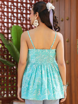 Aqua Blue Printed Sleeveless Smocked Fit & Flare Top