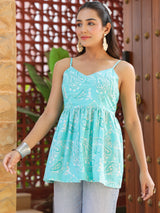Aqua Blue Printed Sleeveless Smocked Fit & Flare Top