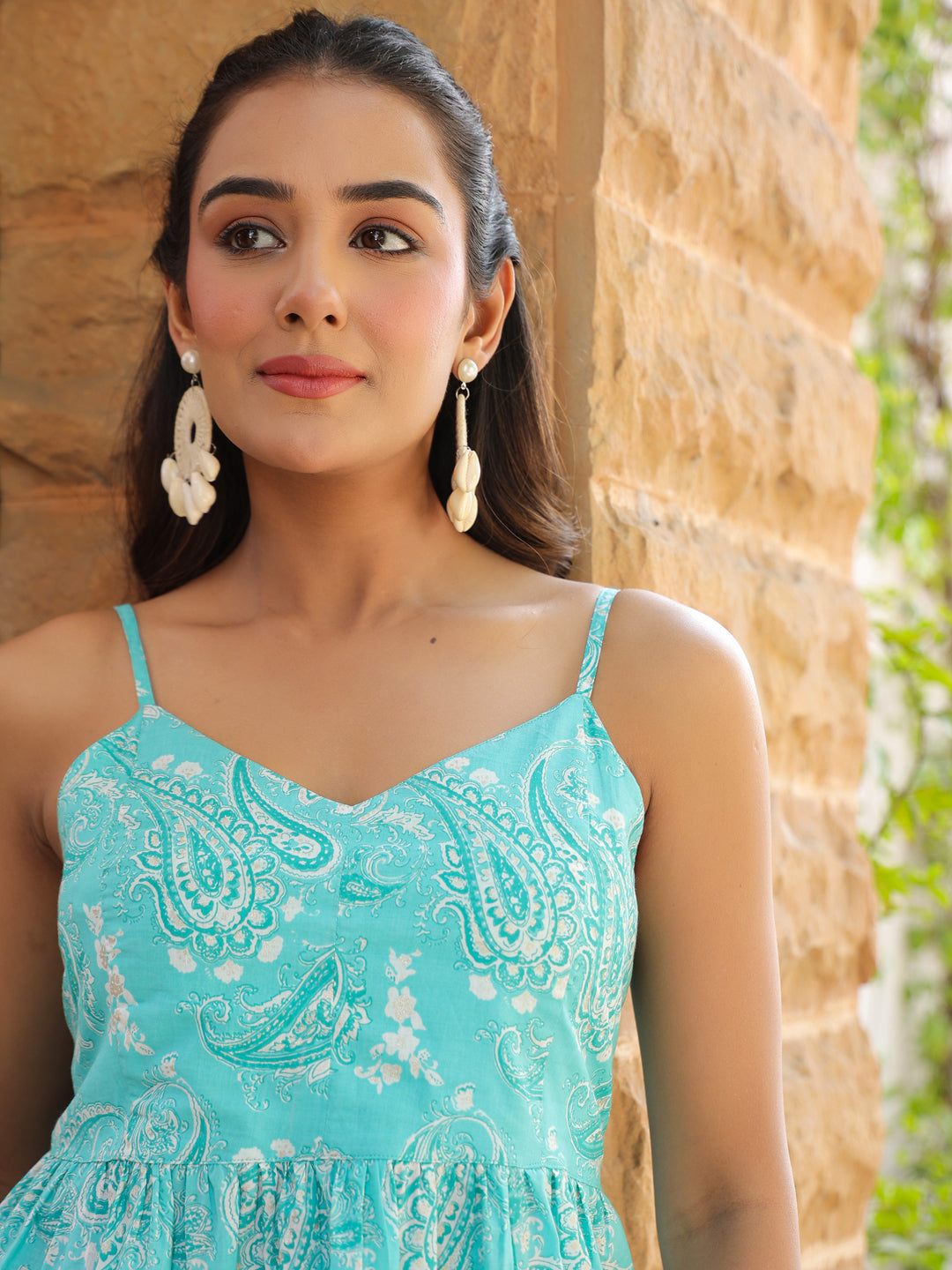 Aqua Blue Printed Sleeveless Smocked Fit & Flare Top