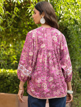 Mauve Hand-block Printed Boho Volume Sleeves Top