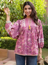 Mauve Hand-block Printed Boho Volume Sleeves Top