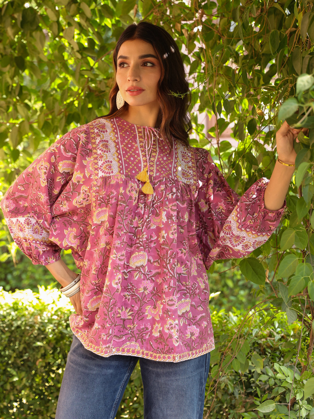 Mauve Hand-block Printed Boho Volume Sleeves Top