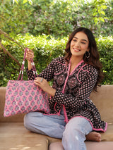 Black Handblock Printed A-Line Peplum Top with Tie-Up Detail