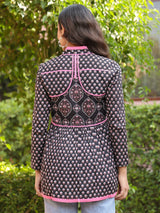 Black Handblock Printed A-Line Peplum Top with Tie-Up Detail