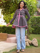 Black Handblock Printed A-Line Peplum Top with Tie-Up Detail